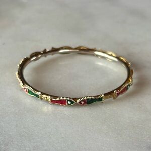 Vintage Gold Bangle with Red and Green Enamel Fish